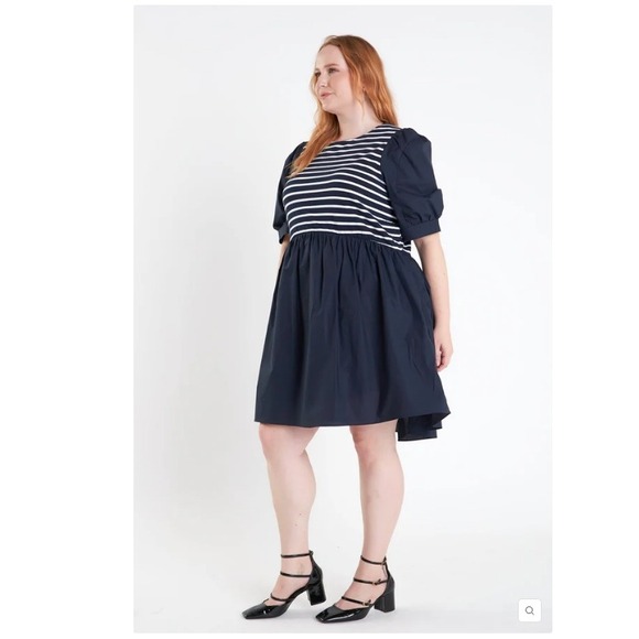 ENGLISH FACTORY Classic Navy White Stripe Puff Sleeve Gathered Waist Dress - Picture 4 of 15